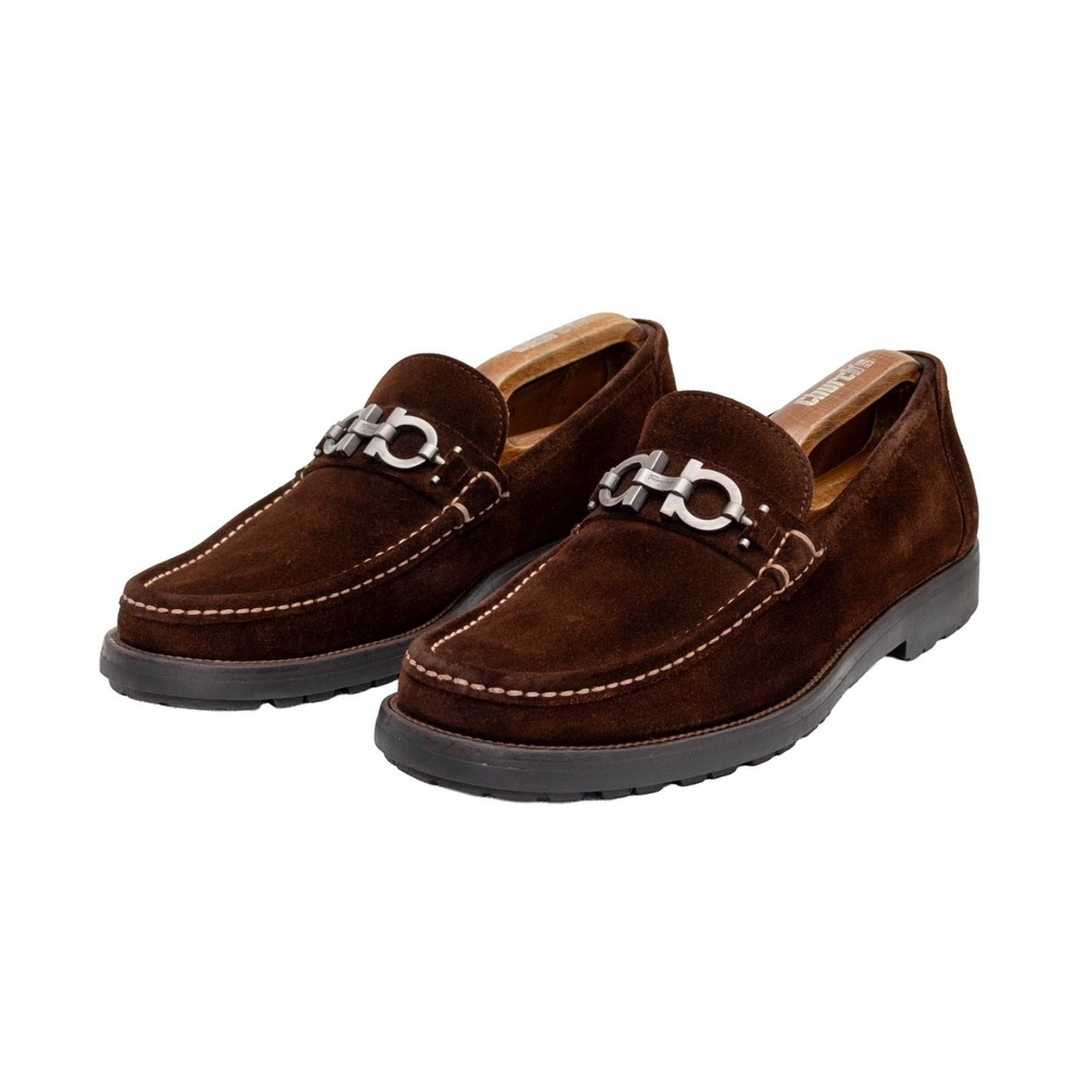 $849.00! Salvatore Ferragamo Gancini‎ Logo Suede Loafers Brown Men's US 8.5 D